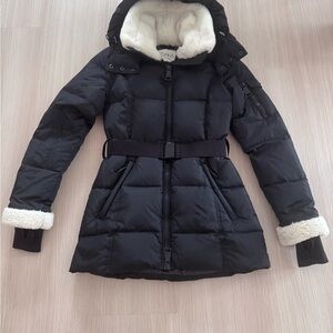 SAM Shearling Trim Hood Black Belted Puffer Coat